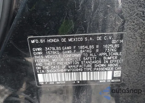 2015 Honda Fit Ex/Ex-L from USA, damaged, VIN 3HGGK5H84FM700949